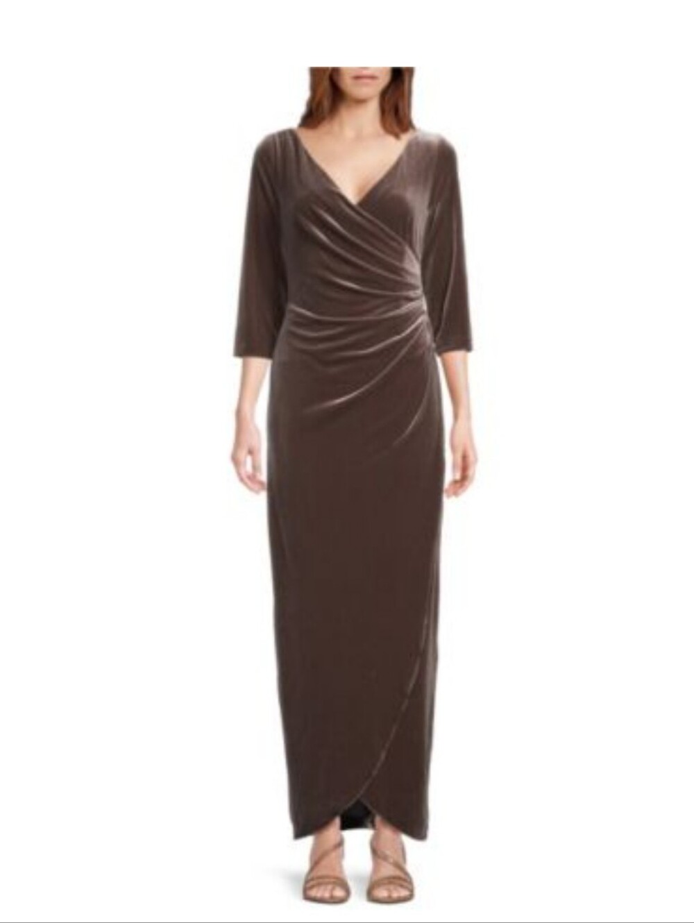 Alex Evenings Chocolate Brown Draped V-Neck Maxi Dress